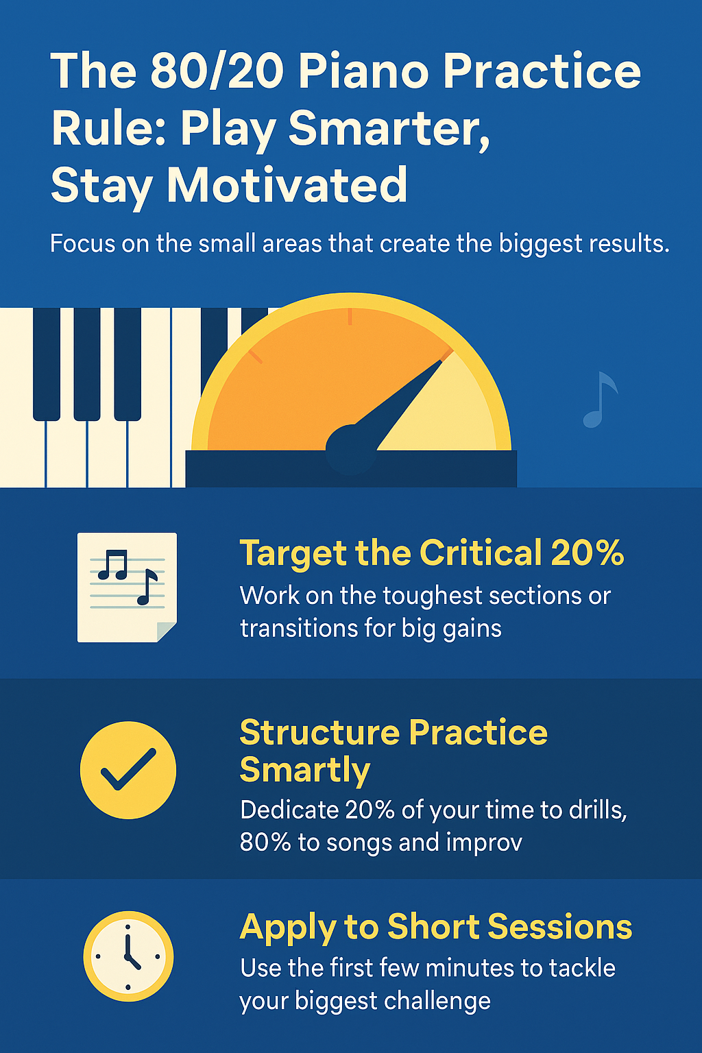 Piano Practice Tips: Stay Motivated on Your Musical Journey Staying motivated through consistent piano practice can be tough—especially during busy weeks or when progress plateaus. But with the right piano practice tips and mindset, you can keep your learning momentum strong. This article provides simple and effective strategies to make practice sessions more productive and inspiring. Setting Achievable Goals Know your “why”: Write down what matters—a piece you want to play or a performance you hope to give—and revisit it often (motivation for learners). Use SMART goals: Specific, Measurable, Achievable, Relevant, and Time-bound—for example: “Learn to play X at target tempo by June.” Break into stages by level: Beginners set mini-goals like learning one chord or phrase; intermediates aim for cleaner transitions; advanced learners might chart improvisation or compositional targets. Creating a Practice Routine Short, consistent sessions: Even a 1‑minute warm‑up is better than skipping altogether—small habits build discipline. Include deliberate practice elements: Focused, goal‑oriented drills backed by feedback help progression. Adapt routine by life stage: Kids may practice twice for 10–15 minutes daily; adults often do 3× 20–30 min sessions across the week. Using Gamification and Rewards Sticker or point charts: Especially useful for children—earning stickers or points toward a reward gives positive reinforcement. App-based motivation: Interactive apps like Flowkey, Simply Piano, and MuseFlow gamify learning, making it feel more fun than chore. Personal challenges: Try composing a phrase, improvising over chords, or learning a genre outside of your comfort zone—turn practice into playful exploration. Tracking Your Progress Reflect after each session: Ask “How do I feel now?” to reinforce the positive effect of playing. Keep a practice journal: Record daily time, what you worked on, and how it felt—visualizing progress fuels motivation. Showcase achievements: For parents and children, regular “report cards” or mini‑performances help celebrate milestone wins. Staying Inspired with New Music Explore styles beyond your current level: Classical, pop, jazz, video game music—keeping variety prevents boredom. Listen or watch live performances: Seeing skilled pianists in action can reignite motivation and spark new goals. Free creative play: When stuck on a tough section, take a break and improvise any sound or phrase that feels good—it helps rekindle joy. Optimizing Your Piano Environment & Support System Create a comfortable practice space: Choose a quiet, well-lit area with minimal distractions. Make sure your seating, lighting, and instrument setup feel inviting so practice doesn’t feel like a chore. Find your best practice time: Experiment with mornings, afternoons, or evenings to discover when your focus and energy are at their peak. Minimize distractions: Turn off notifications, clear clutter, and create a mental “practice zone” that signals to your brain it’s time to focus. Seek accountability and community: Working with a teacher provides structured guidance and motivation. Having a practice buddy or joining an online piano group adds encouragement and social connection. Practical Ways to Apply 80/20 in Piano Practice The 80/20 rule (Pareto Principle) says that 80% of your progress comes from 20% of your efforts. Here’s how to make it work for motivation: Identify the critical 20% in your piece: Usually, it’s the hardest sections, tricky transitions, or frequent mistakes. Focusing 80% of your practice time on these challenging sections gives the biggest return while dedicating a shorter amount of time to practicing. Break it down: Break down the difficult sections in your piece, isolate them, and spend time working on one section at a time, rather than playing the piece from the beginning repeatedly. Slow down: When learning a new piece, focus on moving slowly but accurately. This minimizes making repeated mistakes. This approach saves time, reduces overwhelm, and delivers fast wins—keeping your motivation alive. Internal Link Breakpoint Well‑structured piano lessons in North Vancouver help keep students motivated. Frequently Asked Questions (Beginner, Intermediate, Children & Adult perspectives) Q: I’m a kid and hate practicing scales. How can I stay motivated? A: Keep sessions short, add fun variations, and reward effort with a sticker chart. Having variety and parent support helps too. Q: As an adult with little time, how can I make piano practice live? A: Even a few uninterrupted minutes daily builds discipline. Use an app like MuseFlow or Flowkey for feedback and song-based motivation. Q: I’m intermediate and stuck on a plateau. What now? A: Reset with a new challenge—improvisation, composition, or cross-genre learning—and track your progress. Shift the challenge to keep it fresh. Content Summary Setting Achievable Goals: Find your personal reasons. Use SMART structures to break large ambitions into stage‑appropriate, realistic steps. Creating a Practice Routine: Prioritize consistency through short, focused sessions tailored to age and level, with deliberate skills practice. Using Gamification and Rewards: Engage learners by turning practice into a game—points, stickers, app‑based progress, or creative exploration. Tracking Your Progress: Reflect after playing, maintain a journal, and celebrate small achievements to reinforce positive momentum. Staying Inspired with New Music: Mix repertoire styles, enjoy performances, and allow creative “play”—maintaining joy and curiosity on the learning path. Optimizing Your Piano Environment & Support System: Make your space inviting, choose your best practice time, and seek accountability partners or teachers for motivation. Practical Ways to Apply 80/20 in Piano Practice: Focus on the small areas that create big results for smarter, less stressful practice. -infographic