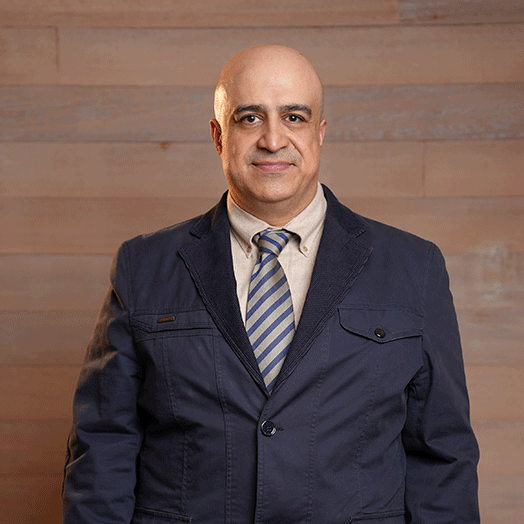 Professional head-and-shoulders portrait of a bald man in a navy blazer, beige shirt, and striped tie against a wood-paneled backdrop.